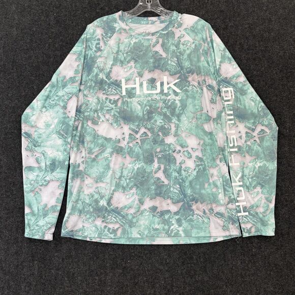 Huk Shirt Mens Large Green White Performance Fishing Fracture Outdoor Graphic - Picture 1 of 8